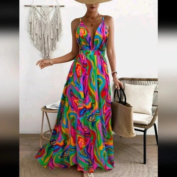 Summer Maxi Crisscross Backless Spaghetti Strap Dress With Random - Picture 3 of 5